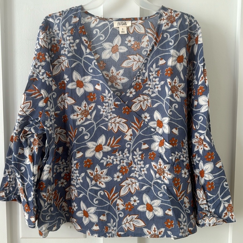 a.n.a Knotted Neck Blue Floral Blouse